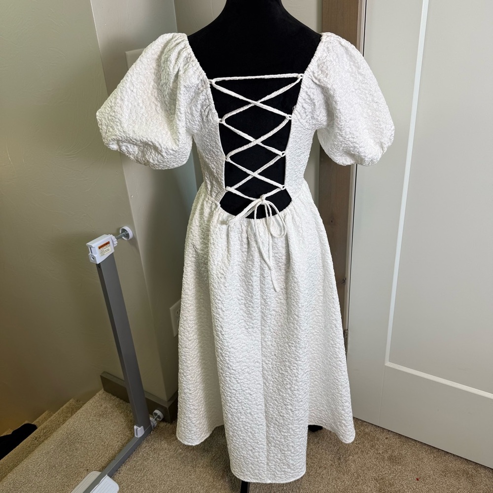 Lulus Puff Sleeve Midi Dress Floral Textured Corset Tie Back Stretch Bridal M - Picture 7 of 11